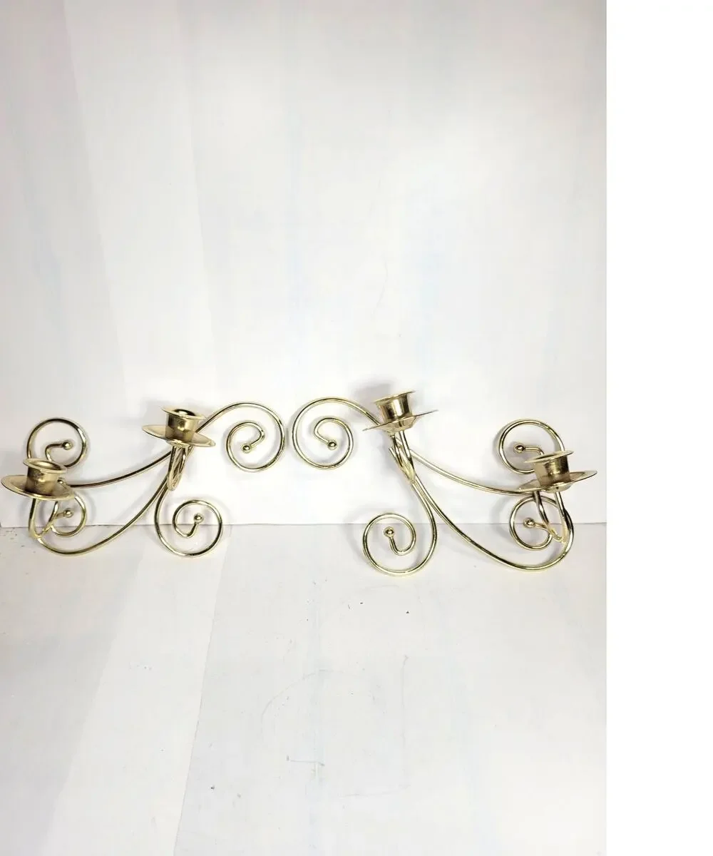 Vintage Homco Home Interiors Brass Scroll Double Taper Candle Wall Sconces Pair